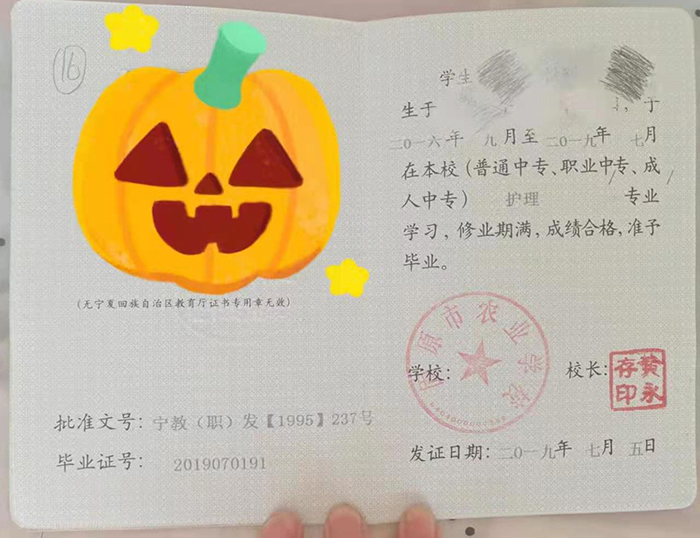 寧夏2019年高中畢業證樣本