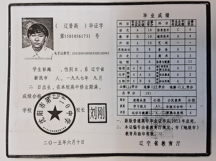 莊河市2015年高中畢業證樣本