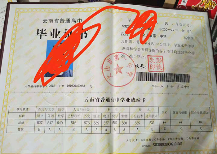 云南省高中畢業(yè)證內(nèi)芯